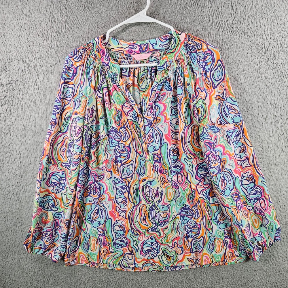 Lilly Pulitzer Silk Blouse Multi-Color Abstract Print Smocked Split Neck Size S